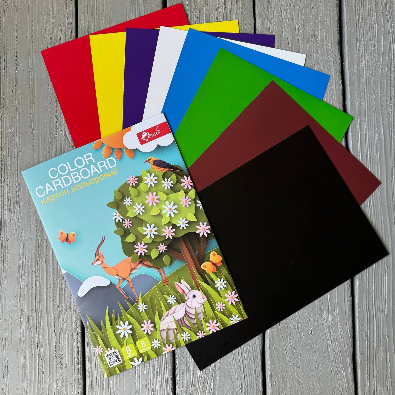 Кольоровий картон ОДНОСТОРОННІЙ А4, 8 кол.-8 арк. 